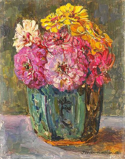 Stillife with zinnias in a ginger pot., Floris Verster